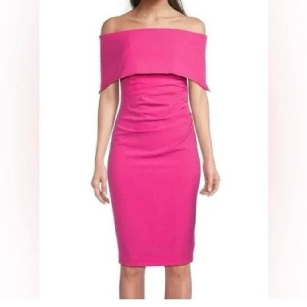 Vince Camuto Hot Pink Off The Shoulder Ruched Sheath Dress VC7-3401 Size 2